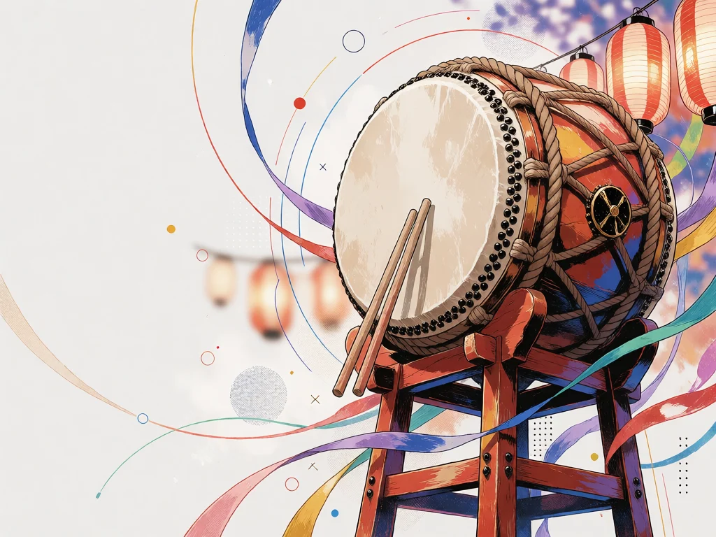 La tour d’un bon odori. Un tambour résonne au sommet d’une tour de bois tendue de rouge et blanc ; des lampions pendent des cordes tirées vers le sol. En contrebas, des danseurs en yukata tournent en cercle.