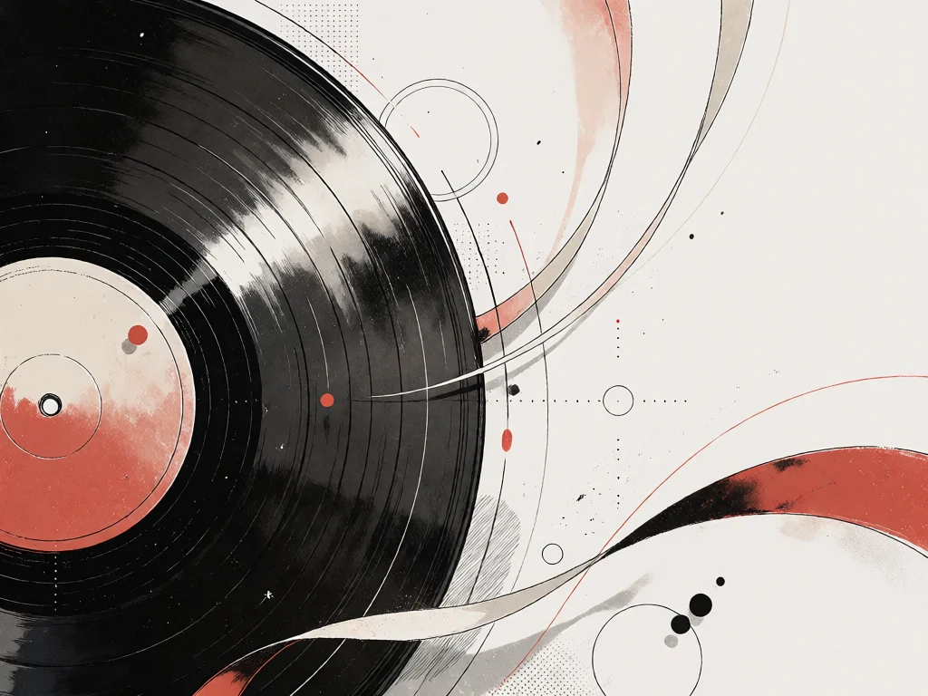 Gros plan d’un disque vinyle. Les sillons concentriques emplissent l’image ; l’étiquette centrale est un simple rond vermillon.