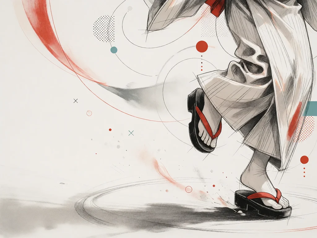 Des ourlets de yukata et des socques alignés en un arc qui s’éloigne. Tous avancent le même pied ; le sol garde la trace circulaire de la danse.