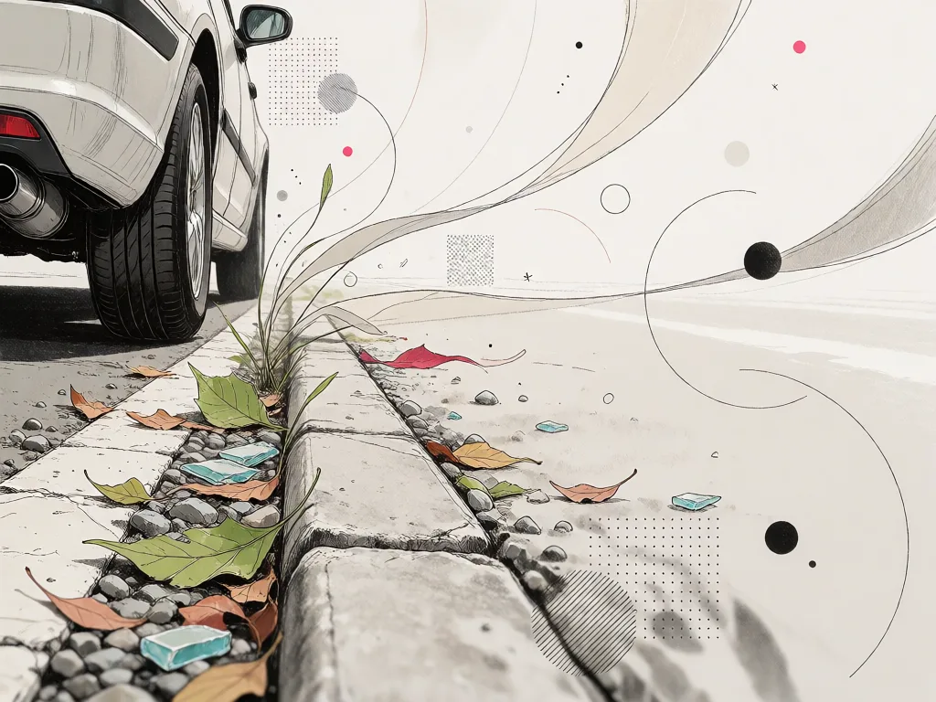 Gros plan sur le bord gauche de la chaussée. Feuilles mortes, gravillons et débris de verre s’accumulent le long du caniveau ; plus loin, la roue arrière d’une voiture en stationnement.